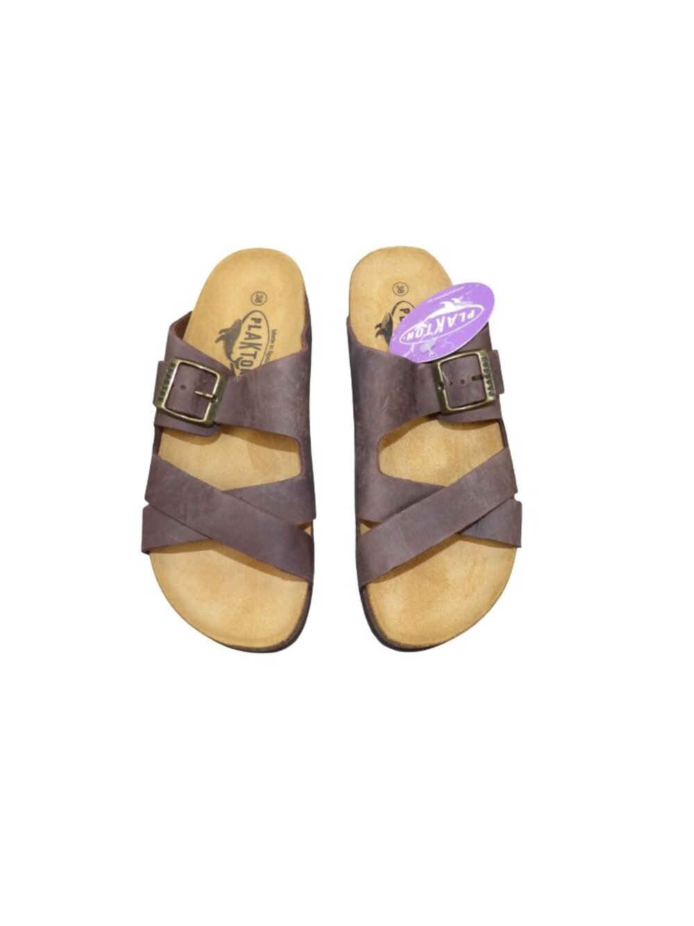 Plakton Women's Brown Cross-Strap Leather Slide Sandals Adjustable Buckle Us 7 E